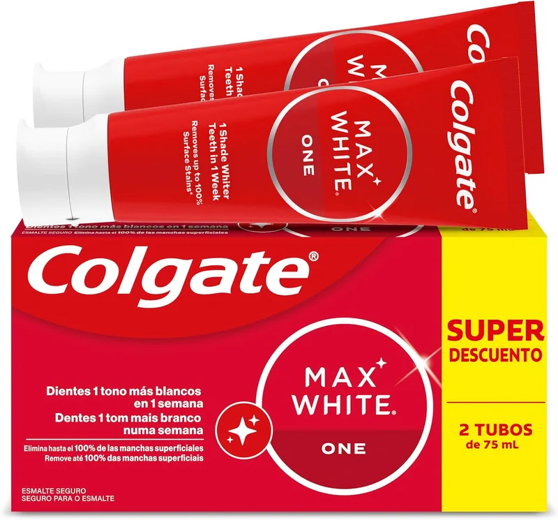 Colgate ▫️ Max White One Pasta de dentes branqueadora, Embalagem 2 x 75ml, Pasta de dentes branqueadora, Branqueia os dentes 1 tom mais branco em 1 semana, Remove manchas superficiais