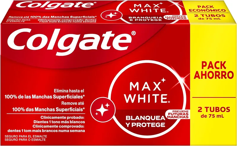 Colgate ▫️ Pasta de dentes branqueadora Max White One, embalagem com 2 unidades de 75 ml, pasta de dentes branqueadora, dentes 1 tom mais brancos em 1 semana, elimina manchas superficiais