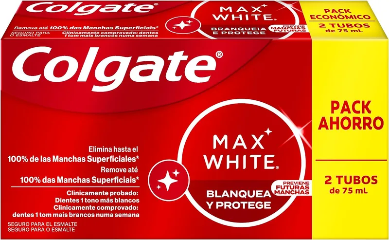 Colgate ▫️ Max White Branqueia e Protege, Pasta de dentes branqueadora, 2x75 ml