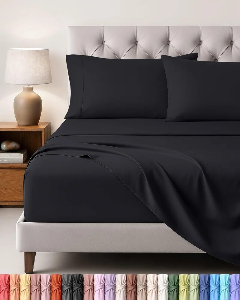 Utopia Bedding ▫️ Conjunto de lençóis de 4 peças, 150x200 cm, preto | Lençol de baixo, lençol de cima e 2 fronhas 50x75 - Cama 150 - Certificado Oeko-Tex - Microfibra de poliéster escovada