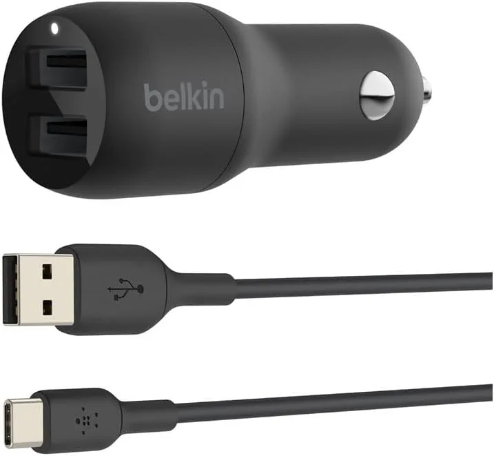 Belkin ▫️ Carregador de parede USB duplo de 24 W Boost Charge + cabo USB-A para USB-C (adaptador duplo USB-A para Pixel, iPad Pro, Nintendo Switch e dispositivos Samsung, entre outros)