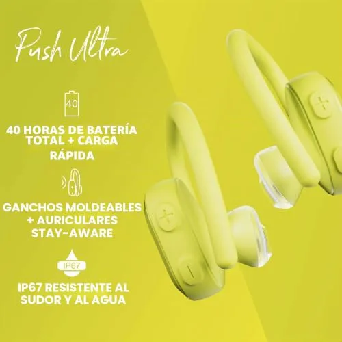 Skullcandy ▫️ Auscultadores desportivos sem fios Push Ultra True com ligação Bluetooth, resistência ao suor e à água (IP67), até 40 horas de autonomia total, cor amarelo elétrico. 3