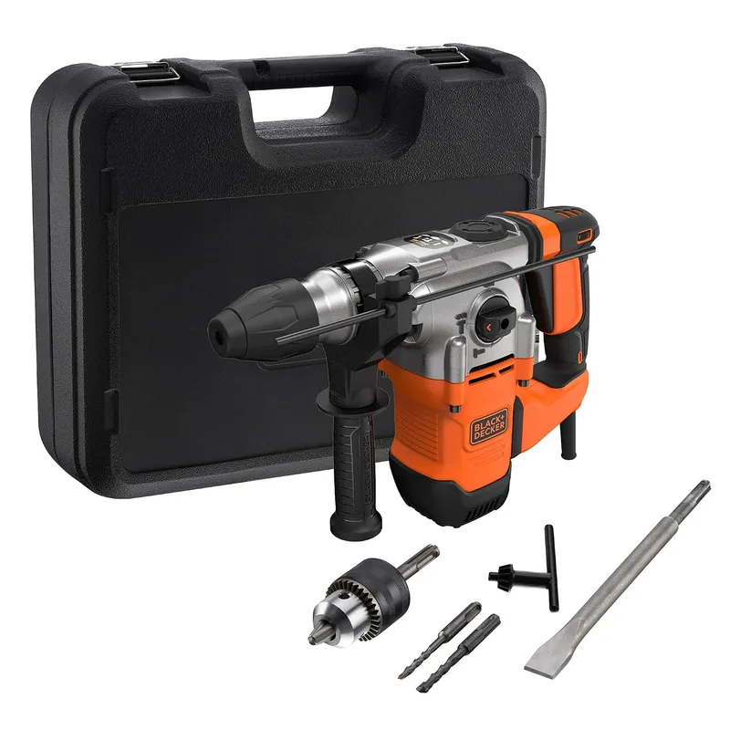Black+Decker ▫️ Berbequim de percussão SDS+, motor de 1250 W, 3 modos de funcionamento, força de impacto de 3,5 J, inclui brocas e cinzel, BEHS03K-QS