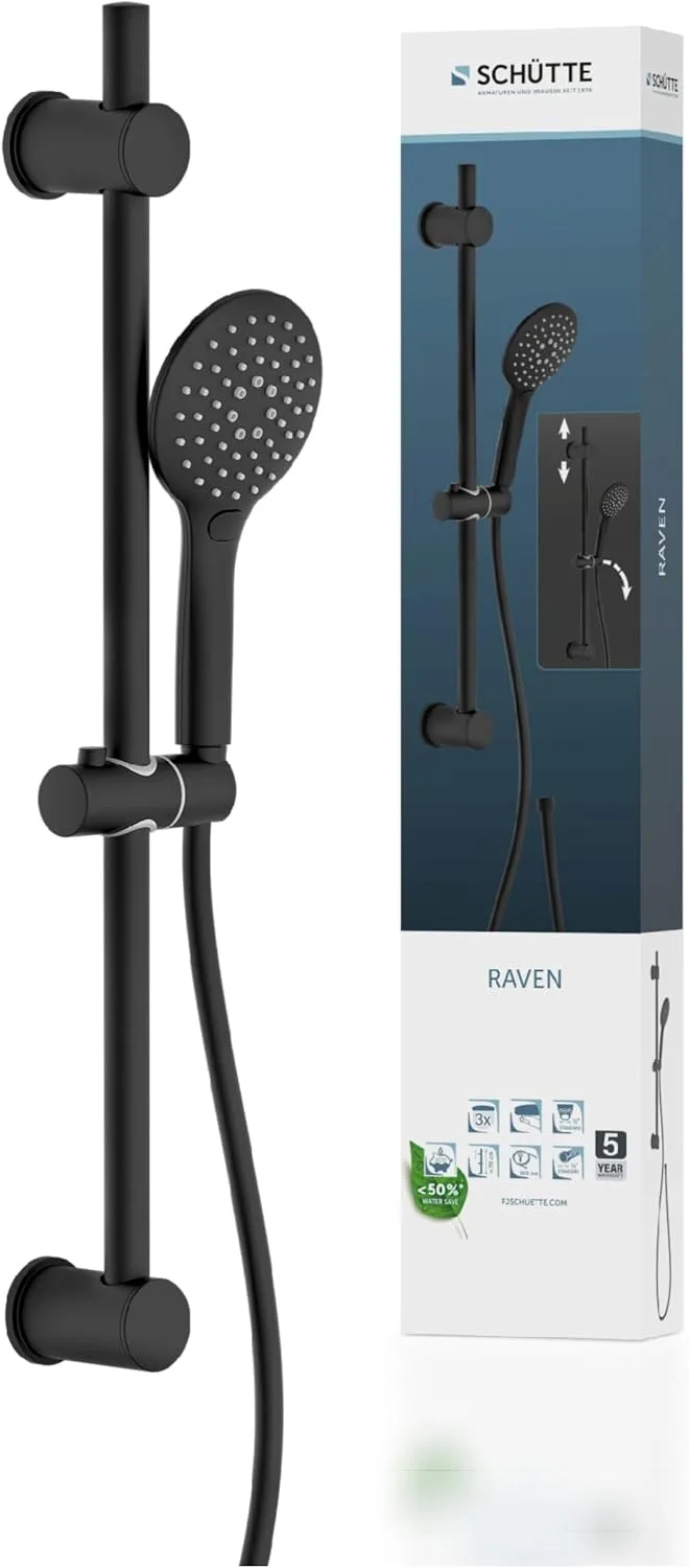 Schütte ▫️ RAVEN - Barra de duche e chuveiro de mão, cabeça de duche com 3 posições ajustáveis, conjunto de duche com coluna, painel de duche com mangueira na cor preta