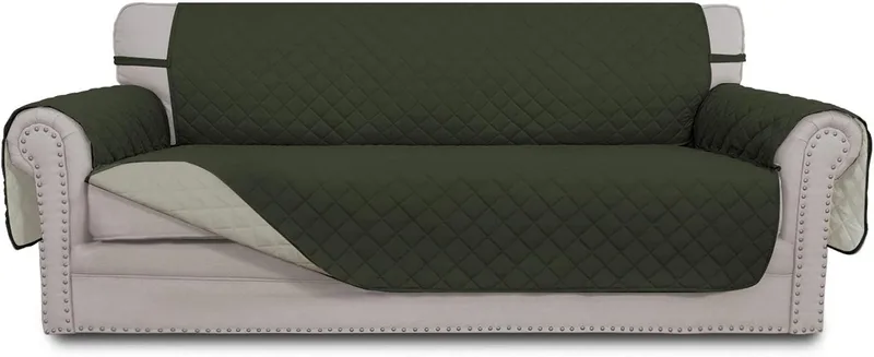 Easy-Going ▫️ Capa reversível para sofá de 4 lugares, resistente à água, com varas de espuma e tiras elásticas, protetor de móveis para animais de estimação, crianças, cães e gatos (XXL, verde militar/bege)