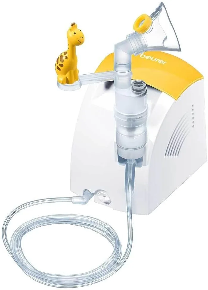 Beurer ▫️ IH26 - Inalador para crianças, tratamento por inalação de medicamentos líquidos, tecnologia de ar comprimido, máscara para bebés e crianças, bolsa, cor branca e amarela