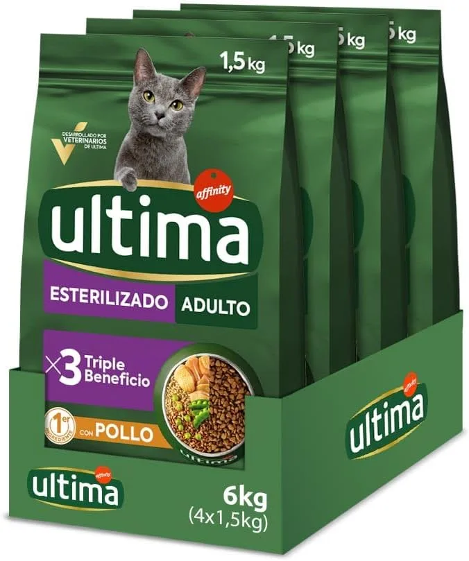 ultima ▫️ Esterilizado Adult Frango, Ração seca para gatos, Embalagem de 4 x 1,5 kg, Total: 6 kg