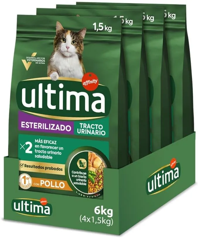 ultima ▫️ Esterilizado Trato Urinário Frango, Ração seca para gatos, Embalagem de 4 x 1,5 kg, Total de 6 kg