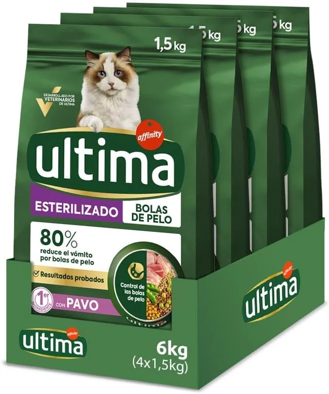ultima ▫️ Sterilised Turkey Hairballs, Alimento Seco para Gatos, 4 x 1,5kg, Embalagem de 4 x 1,5kg, Total 6kg
