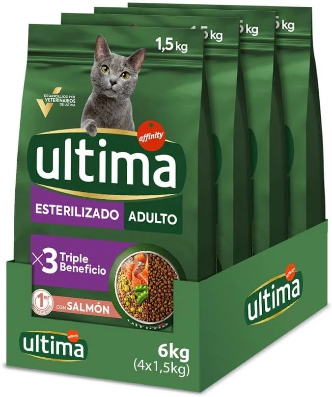 ultima ▫️ Sterilised Adult Salmon, Alimento Seco para Gatos, Embalagem de 4 x 1,5kg, Total 6kg
