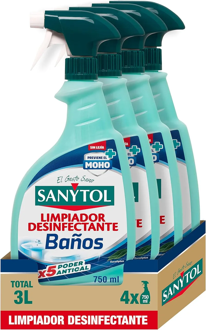 Sanytol ▫️ Produto de limpeza desinfetante para a casa de banho, elimina bactérias, fungos e vírus sem lixívia, aroma de eucalipto - Embalagem de 4 x 750 ML = 3L