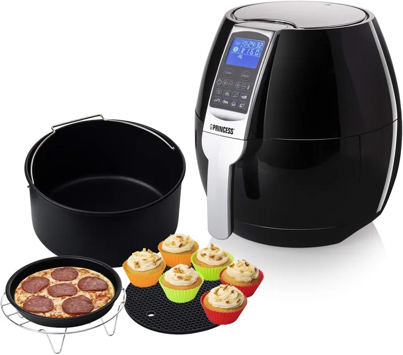 Tristar ▫️ Princess 182020 Fritadeira sem óleo, painel de controlo digital tátil, 3,2 litros + Princess 182011 Conjunto de 10 acessórios para fritadeira sem óleo, preto