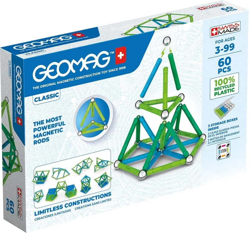 Geomag ▫️ Classic - 60 peças - Blocos de construção magnéticos para crianças - Green Line - Brinquedos educativos em plástico 100% reciclado