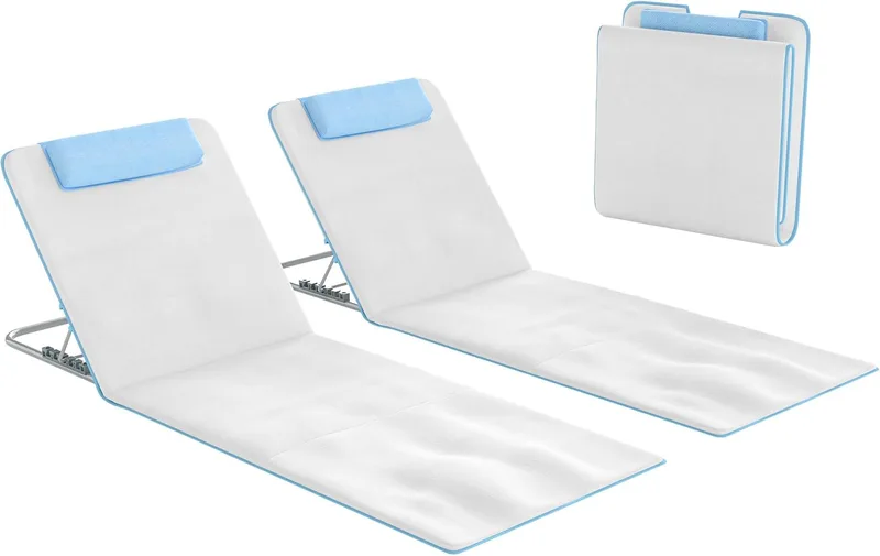 Outsunny ▫️ Conjunto de 2 tapetes de praia dobráveis Tapetes de encosto reclináveis de 5 níveis com apoio para a cabeça e saco de transporte 134x48x33-43 cm Bege