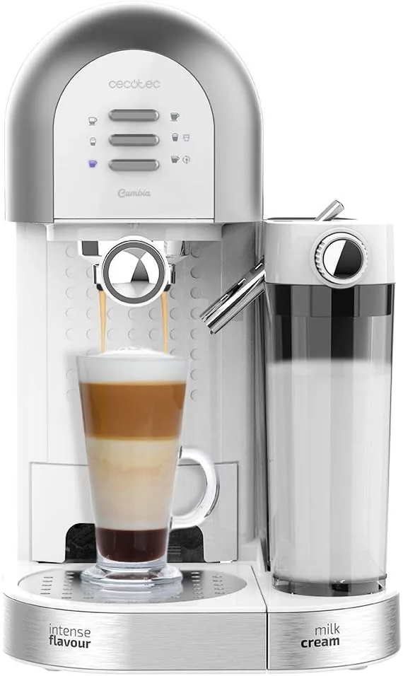 Cecotec ▫️ Máquina de café semiautomática Power Instant-ccino 20 Chic, Série Bianca. 1470 W, para café moído e em cápsulas, 20 bar, reservatório de leite de 0,7 ml, reservatório de água de 1 L, branca