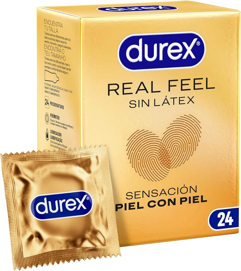 Durex ▫️ Preservativos Real Feel, extra lubrificados, sem látex, formato Easy-On, 24 preservativos