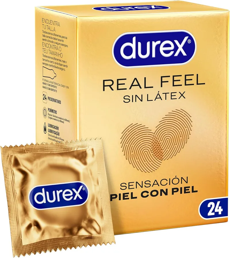 Durex ▫️ Preservativos Real Feel, extra lubrificados, sem látex, formato Easy-On, 24 preservativos