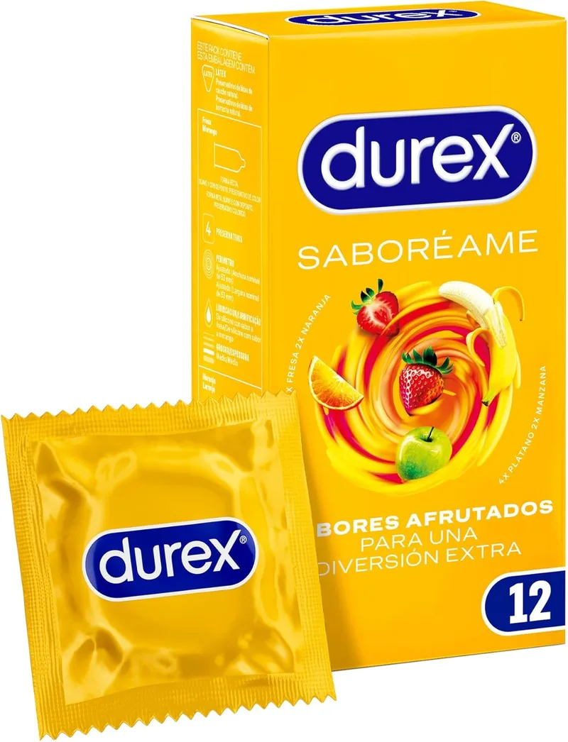 Durex ▫️ Preservativos «Saboréame», Sabores a Fruta para uma Diversão Extra, Morango, Banana, Laranja e Maçã, 12 preservativos