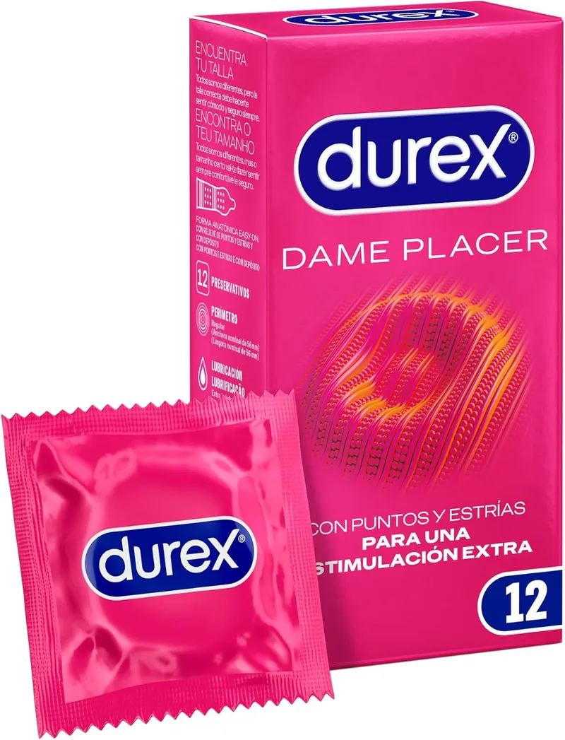 Durex ▫️ Preservativos Dame Placer, com pontos e estrias para estimulação extra, 12 preservativos