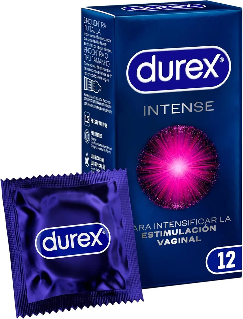 Durex ▫️ Preservativos Intense, com saliências e estrias, com gel Desirex, sensação de calor, frescura ou formigueiro, 12 preservativos