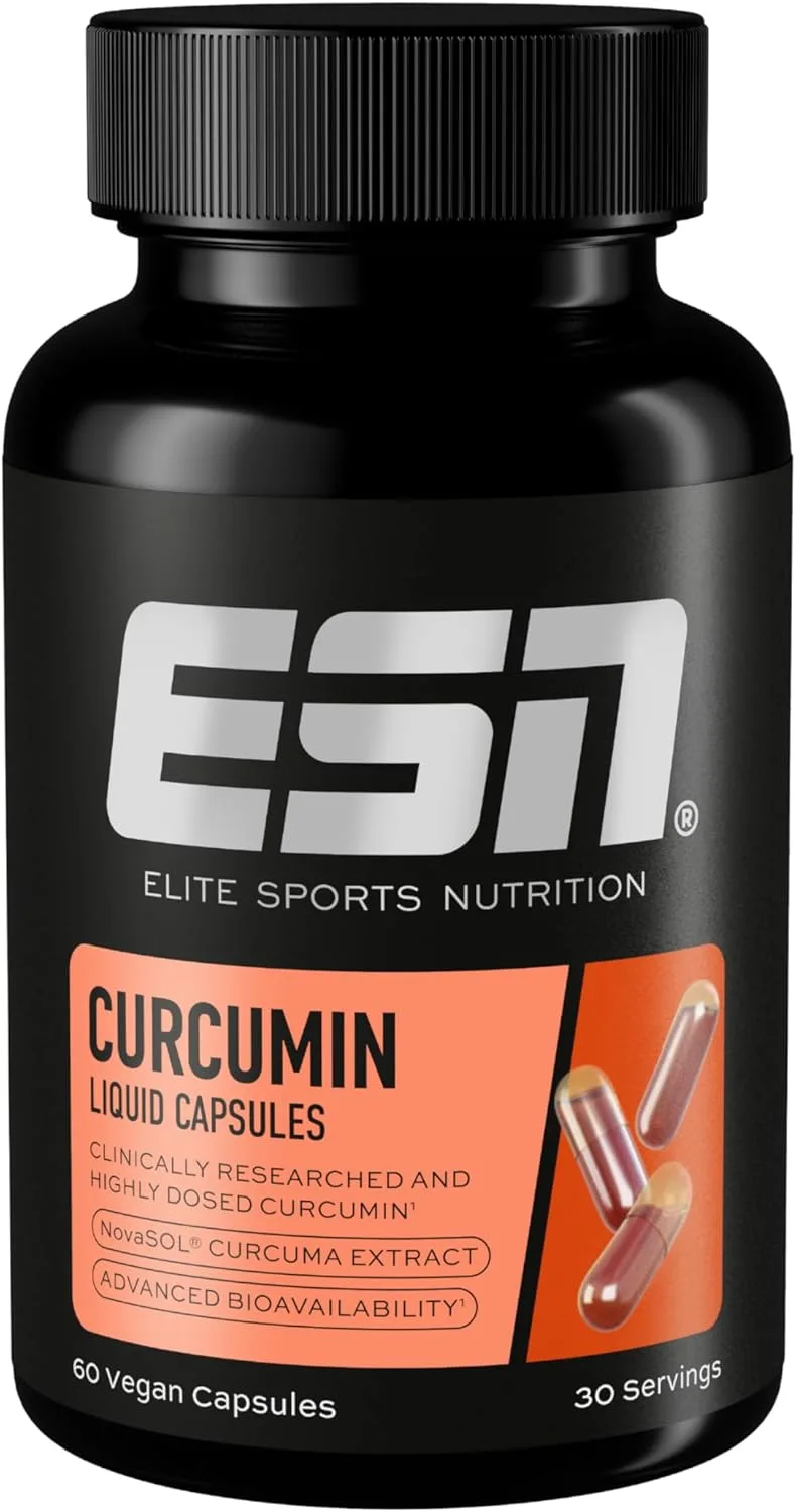 ESN ▫️ Turmeric capsules, 60 cápsulas, 1000 mg de curcumina por dose, a partir de NovaSOL patenteado, biodisponibilidade 185 vezes superior devido à sua forma líquida, vegan