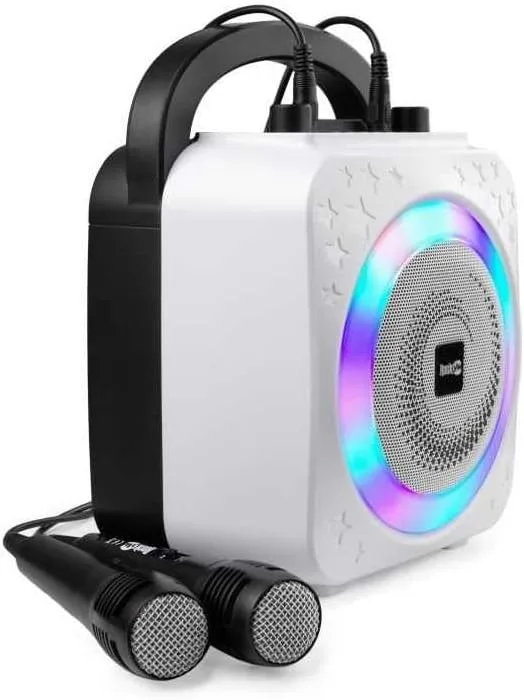 RockJam ▫️ Máquina de karaoke Bluetooth recarregável de 8 watts com dois microfones, efeitos de comutação de voz e luzes LED, preto
