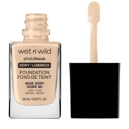 Wet n Wild ▫️ Photo Focus Dewy Foundation, Base de maquilhagem líquida hidratante para pele normal/seca, acabamento luminoso modulável, Nude Ivory 2