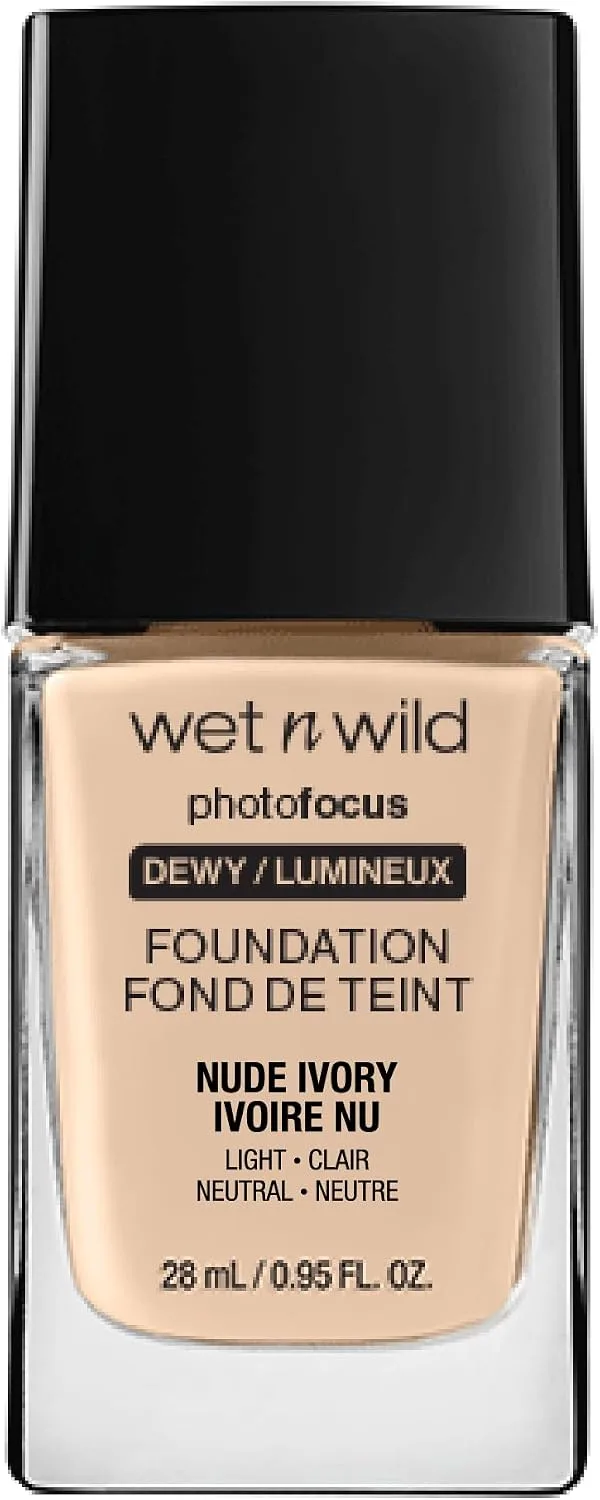 Wet n Wild ▫️ Photo Focus Dewy Foundation, Base de maquilhagem líquida hidratante para pele normal/seca, acabamento luminoso modulável, Nude Ivory