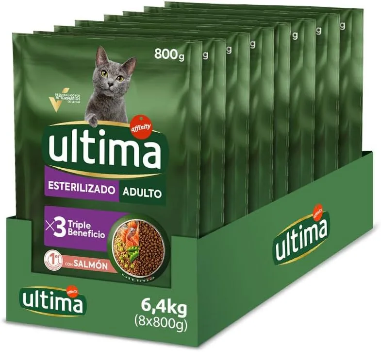 ultima ▫️ Esterilizado Adult Salmon, Ração seca para gatos, Embalagem de 8 x 800 g, Total: 6,4 kg