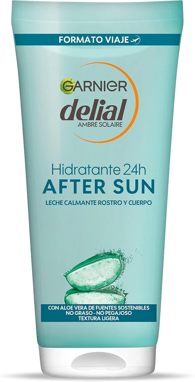 Garnier ▫️ Delial After Sun 24h Creme Hidratante Suavizante com [Aloé Vera Natural]. Não oleoso, não pegajoso. Textura ligeira. Formato de viagem. 100 ml