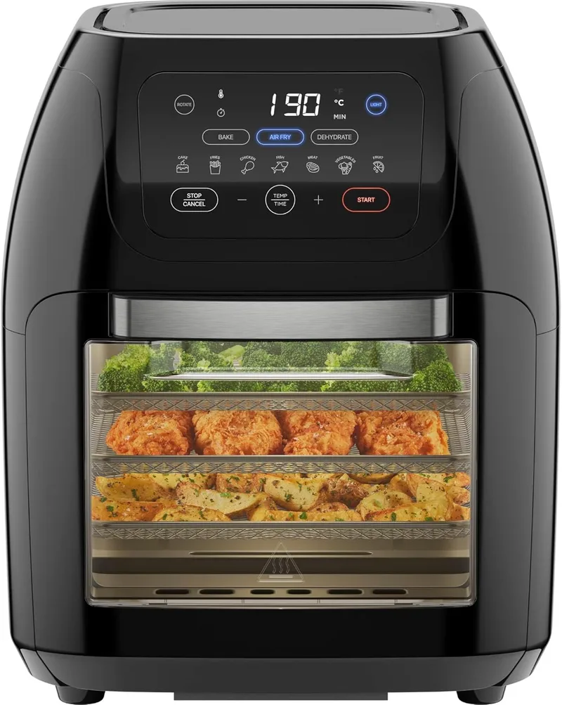Chefman ▫️ Fritadeira Digital Multifuncional + Espetada, Desidratador, Forno de Convecção, 17 predefinições no ecrã tátil: Fritar, Assar, Desidratar, Cozer, Capacidade Familiar XL de 10 L, Desligamento Automático, Janela Grande de Fácil Visualização, Preto