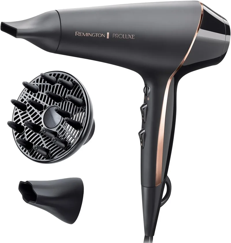 Remington ▫️ Secador de Cabelo Profissional PROluxe Midnight Edition - 2400 W, Iónico, Tecnologia OPTIHeat, Sem Frizz, Motor AC, Difusor e Concentrador, 3 Temperaturas, 2 Velocidades - AC9140B