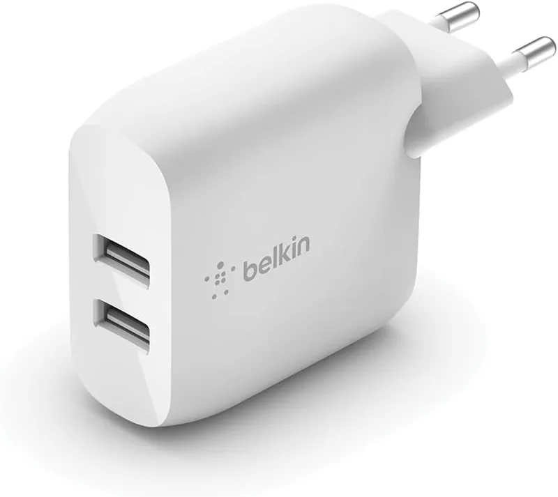 Belkin ▫️ Carregador de parede duplo USB-BoostCharge 24W (para iPhone 14/14 Plus, 14 Pro, 14 Pro Max, iPhone 13, iPhone 12 e modelos anteriores, Samsung Galaxy S23, S23+, S22, Pixel e outros)
