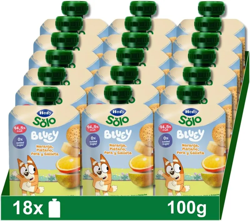 Solo ▫️ Hero Saquinhos de Laranja, Banana, Pêra e Biscoito A partir dos 6 meses, 18 x 100 g | Lanche de fruta natural, Perfeito para o desmame, Para bebés, Sem óleo de palma, Sem açúcares adicionados, Sabor natural