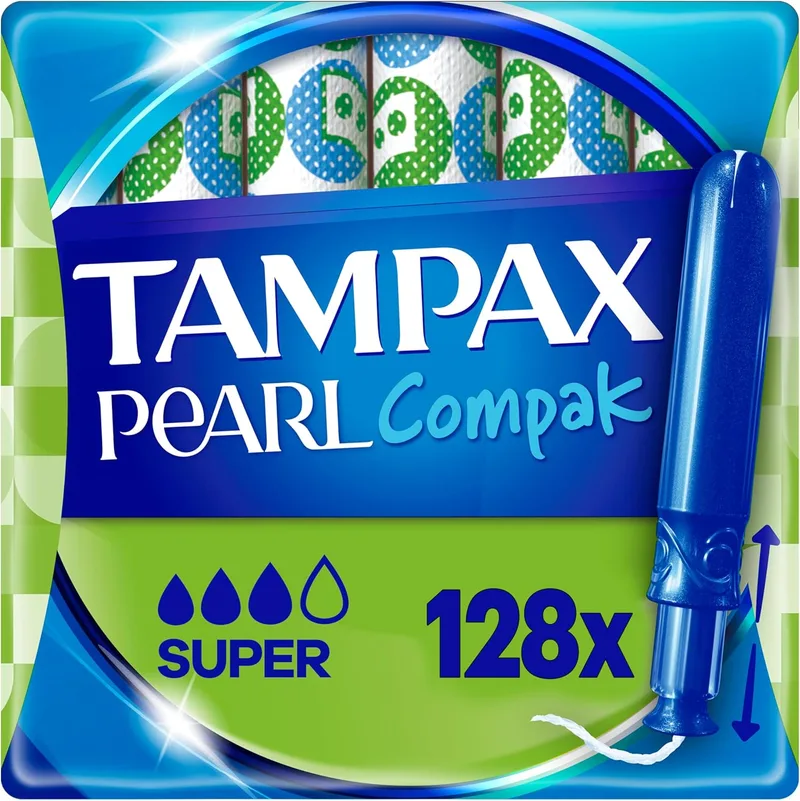 Tampax ▫️ Pearl Compak Super Tampons com aplicador macio, embalagem com 128 unidades, proteção anti-fugas 3 em 1, conforto e fácil inserção