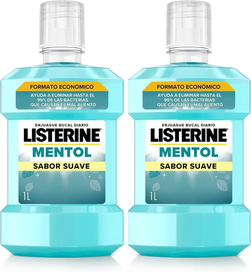 Listerine ▫️ Mentol Sabor Suave (2 x 1 L), elixir bucal com flúor e 0% de álcool, elixir para as gengivas com 24 horas de proteção, elixir bucal sem álcool para um hálito fresco