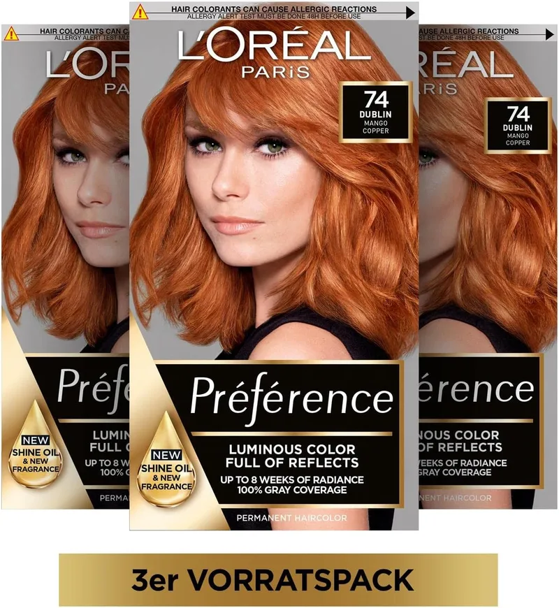 L'Oreal Paris ▫️ L'Oréal Paris Préférence 7.4 Loiro Cobre - Conjunto de 3 tinturas permanentes com coloração e bálsamo para o cuidado do cabelo