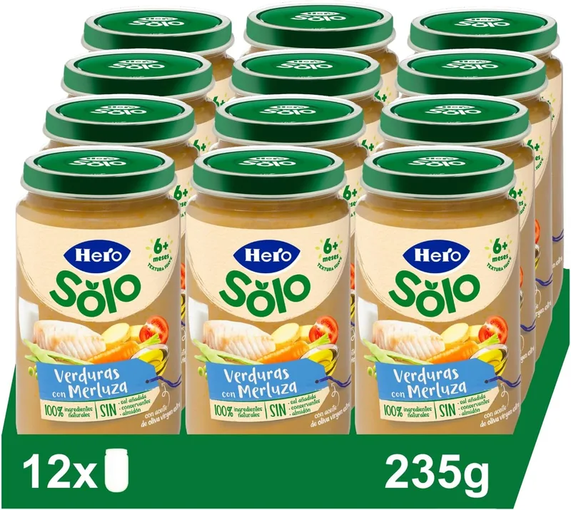 Hero Baby ▫️ Tarrito Infantil - Frascos de legumes com pescada, sem óleo de palma, sem adição de sal, para bebés a partir dos 8 meses, ingredientes 100% naturais, 235 g (embalagem de 12)