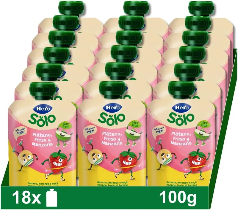 Hero Baby ▫️ Hero - Saquetas com Banana, Morango e Maçã, Para Bebés a partir dos 12 Meses - Embalagem de 18 x 100 g,
