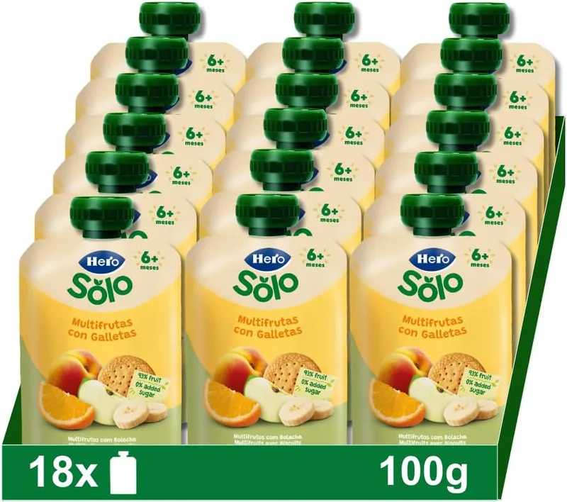 Solo ▫️ Hero Saquinhos Multifrutas com Bolachas para Bebés a partir dos 6 meses, 18 x 100 g