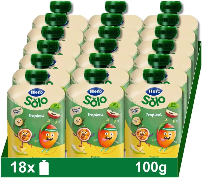 Solo ▫️ Hero Saquinhos de Fruta com Sabor Tropical para Bebés a partir dos 6 meses, 18 x 100 g