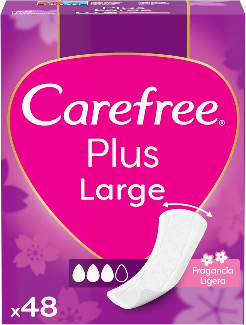 Carefree ▫️ Plus Large Light Fragrance Panty Liners (48 unidades), cuecas absorventes e respiráveis para uso diário, cuecas extra longas com proteção anti-odor.