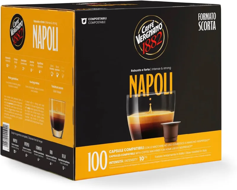 Caffe' Vergnano 1882 ▫️ Caffè Vergnano 1882-100 Capsule - Caffè Compostabili e Compatibili con Nespresso, Napoli - Pack da 100 capsule