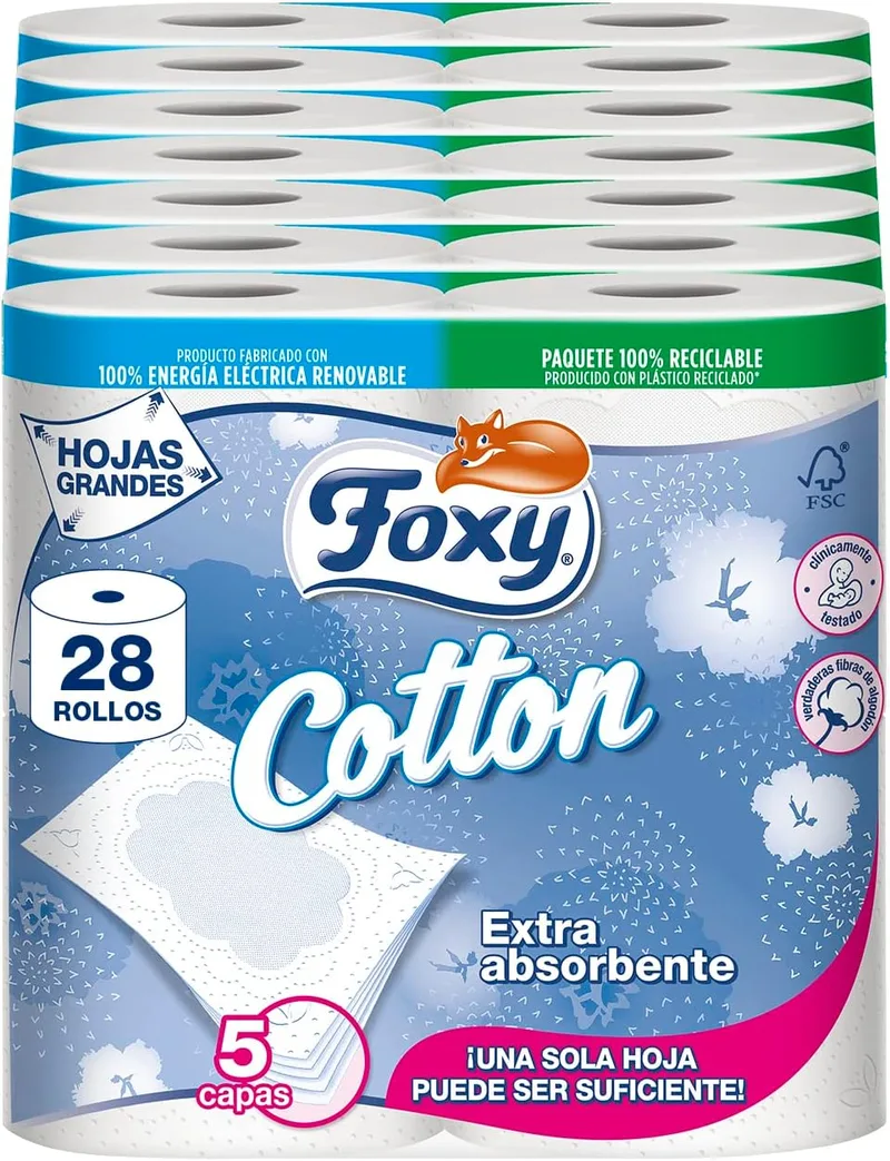 Foxy ▫️ Papel higiénico Cotton, 28 rolos, 5 camadas com fibras de algodão verdadeiro, certificado pelo FSC, embalagem reciclável feita de plástico reciclado.