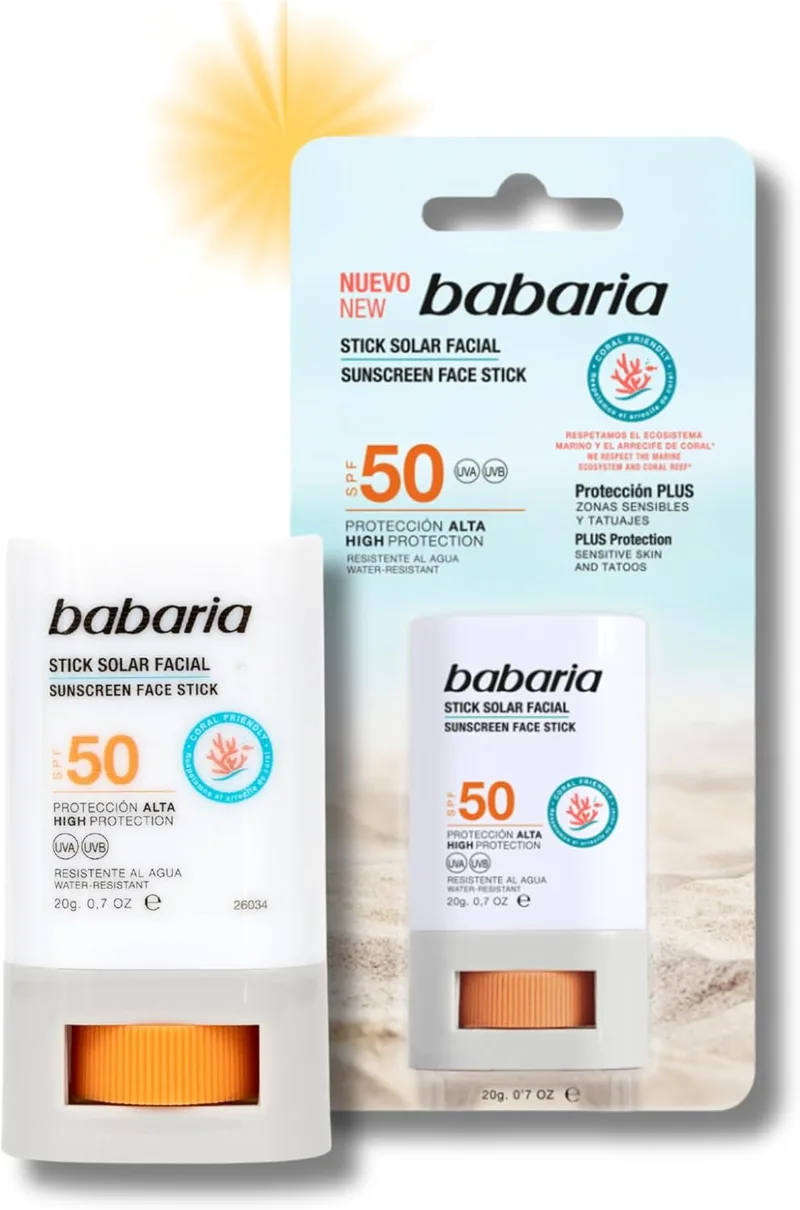 Babaria ▫️ Protetor solar Stick Face 50: Alta proteção com Aloé e Manteiga de Karité, amigo dos corais e biodegradável, resistente à água e ao suor, vegan, protetor solar para crianças, 20g,