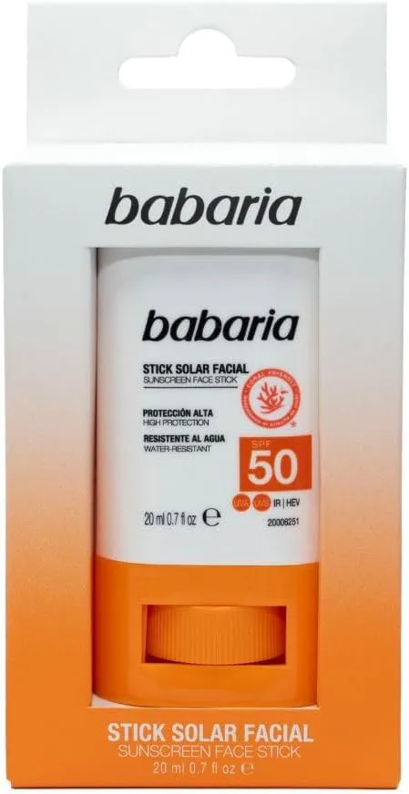 Babaria ▫️ Stick Solar Facial FPS 50+ para Crianças e Adultos 20 g – Transparente, com Manteiga de Karité | Protetor Solar Facial FPS 50 com Aloe Vera para Zonas Sensíveis