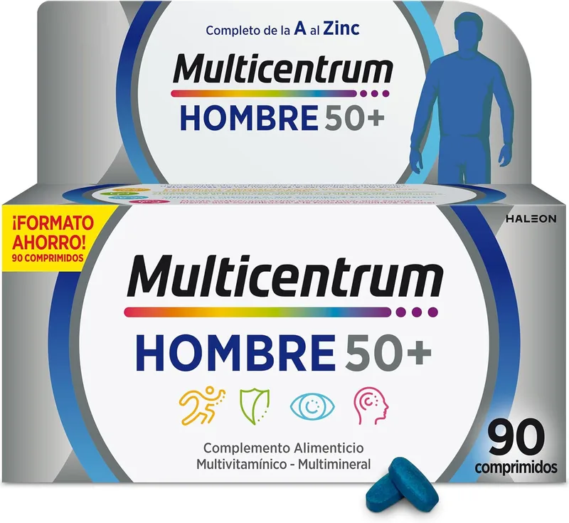 MULTICENTRUM ▫️ Homem 50+ Suplemento alimentar multivitamínico e multimineral para homens com mais de 50 anos, com magnésio e vitamina C, sem glúten, 90 comprimidos