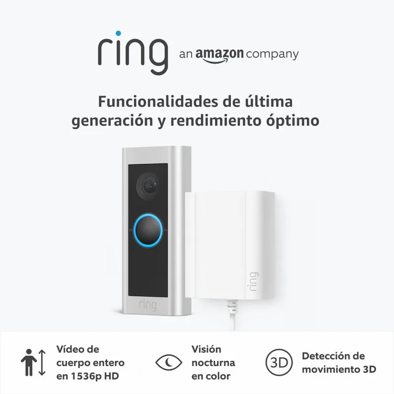 Ring ▫️ Video Doorbell Wired Pro (anteriormente Video Doorbell Pro 2) com plug-in : Campainha com vídeo HD 1536p de corpo inteiro, deteção de movimento 3D, vista panorâmica : 30 dias grátis Home