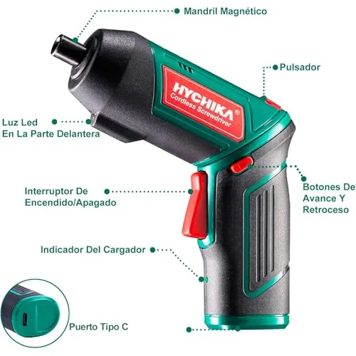 HYCHIKA BETTER TOOLS FOR BETTER LIFE ▫️ HYCHIKA Chave de fendas elétrica de 6 N·m, chave de fendas elétrica sem fios de 3,6 V com bateria de 2000 mAh (binário máximo de 6 N·m), luz LED, mandril magnético, cabo USB, 20 acessórios 2