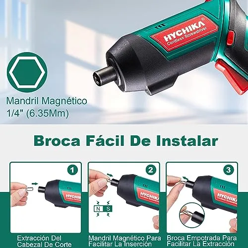 HYCHIKA BETTER TOOLS FOR BETTER LIFE ▫️ HYCHIKA Chave de fendas elétrica de 6 N·m, chave de fendas elétrica sem fios de 3,6 V com bateria de 2000 mAh (binário máximo de 6 N·m), luz LED, mandril magnético, cabo USB, 20 acessórios 3